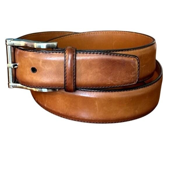Magnanni Mens Carbon Leather Belt Cognac Brown Size 32 Silvertone‎ Buckle #1121 - Picture 2 of 8